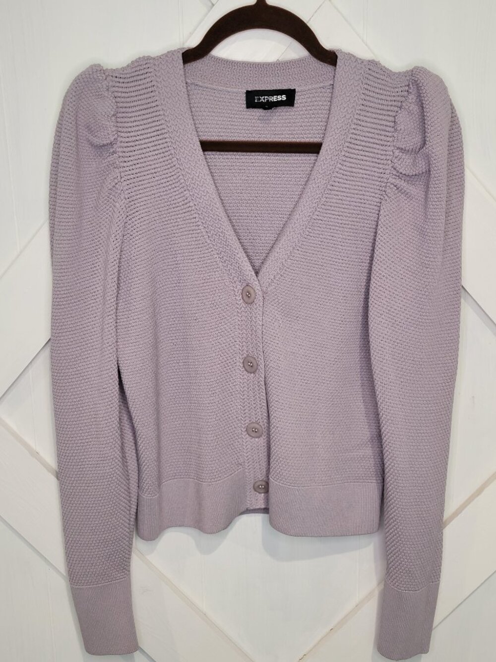 Express Women's Ribbed Knit V-Neck Buttoned Cardigan Gathered Puffed Shoulders.